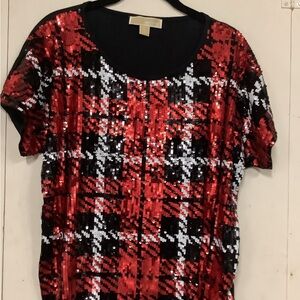Sequin Plaid Top - Red and Black